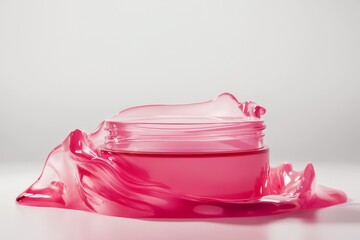 highly detailed and hyper-realistic still life image of a luxurious face cream packaging immersed in a glossy, jelly-like texture in shades of red and pink