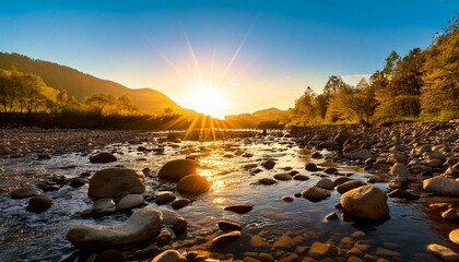Obraz premium stones along the riverbed with water and mirror sunlight during sunset, light passes through;