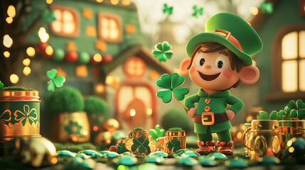 Playful St. Patrick's Day Composition with Kawaii Leprechaun