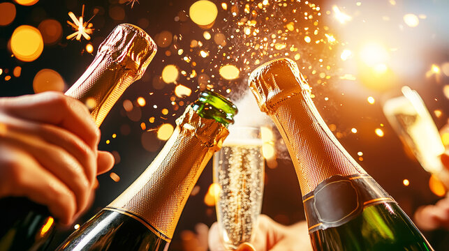 Festive Champagne Celebration: Hands raising bottles of champagne in a joyous toast, against a backdrop of sparkling lights, epitomizing celebration, luxury, and the spirit of special occasions.