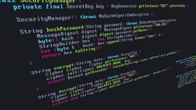 Java source code animation scene opener or background with data security, protection, encrpytion and analyzing code snippets with glitch and distortion effects, concepts, ideas, 4k 