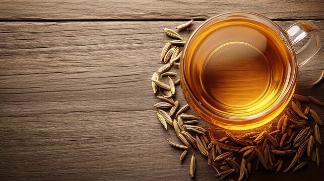 A transparent glass cup filled with tea, placed on a wooden surface surrounded by cumin seeds