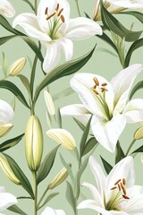 Fototapeta premium seamless pattern Vintage Easter lilies on pale green background in soft forms