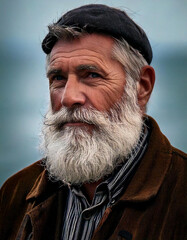 Retrato de un hombre mayor en el mar con barba blanca y expresi&oacute;n seria