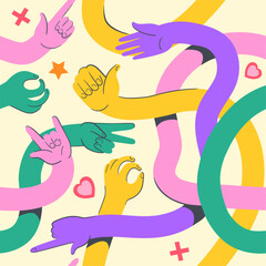 Flexible hands pattern. Cartoon long elastic hand different gestures thumbs up like finger point abstract color funny stretched arms fabric print wallpaper neat vector illustration