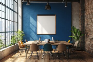 Coworking office in loft style with blank blue wall. AI generated illustration.