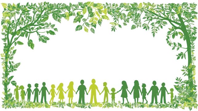 Family silhouettes framed by green foliage. Nature themed illustration.  Possible stock photo use