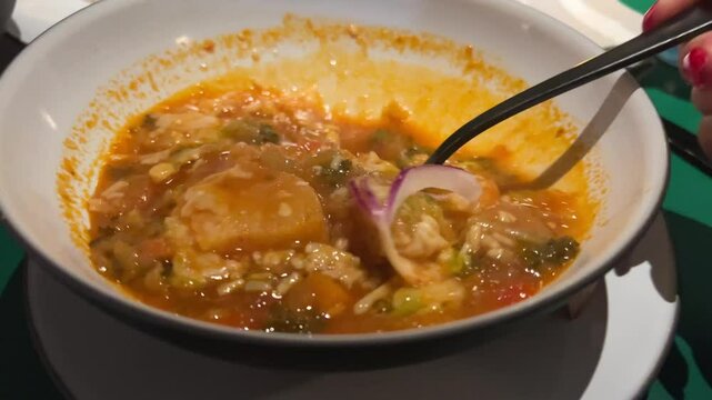 vegetable tomato soup food video mole de panza menudo or mondongo close up