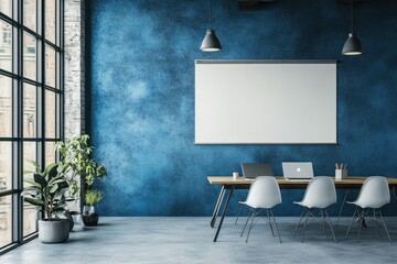 Coworking office in loft style with blank blue wall. AI generated illustration.