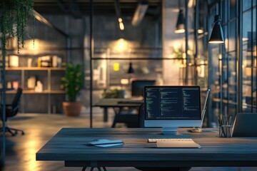 Coworking office interior with computer. AI generated illustration.