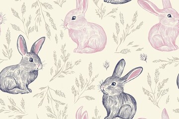 seamless pattern Easter bunny illustrations on thistle background in calligraphy 