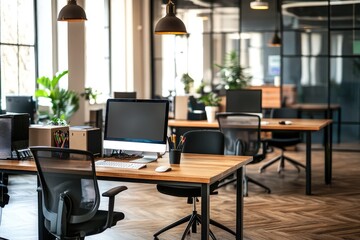 Coworking office interior with computer. AI generated illustration.