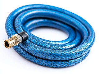 Coiled Blue Air Hose: Close-up of Flexible Pneumatic Tool Accessory with Brass Connector, Equipment for Compressor Systems on a White Background