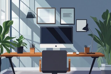 Coworking office interior with computer. AI generated illustration.