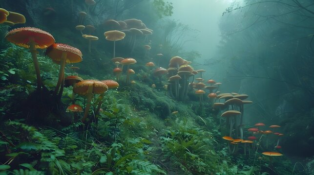 Whimsical Gnome Village Nestled Amidst Towering Mushrooms in a Mystical Forest Landscape