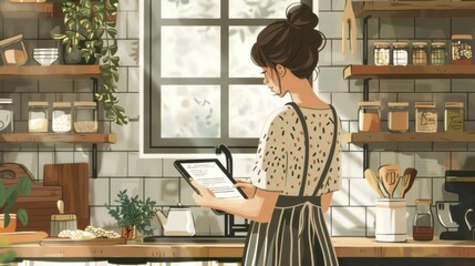 Casual woman sitting on a bar stool in a minimalist kitchen, browsing a tablet, sunlight filtering through the windows