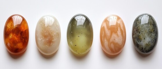 A detailed close-up view of four oval-shaped stones arranged in a row, showcasing their unique textures and natural colors.