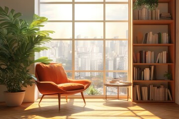 Cozy living room with chair, table, and city view. AI generated illustration.