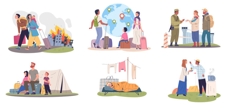 Refugee concept. People immigration, global world migration travel migrant camp abroad control political asylum seekers homeless immigrant life, refugees classy vector illustration