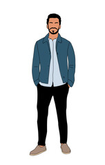 A man wearing a blazer and denim dress shirt is standing with his hands in his pockets, showcasing a relaxed yet formal gesture with his arm and collar visible. Vector illustration isolated