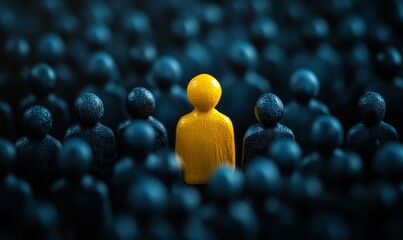 Conceptual image of a unique yellow person standing out in a sea of dark figures, representing brand differentiation and standing out from the