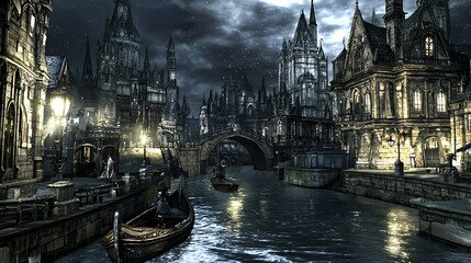 Fototapeta premium Venetian nightfall, gothic architecture and a canal under starry skies