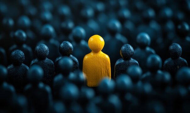 Conceptual image of a unique yellow person standing out in a sea of dark figures, representing brand differentiation and standing out from the