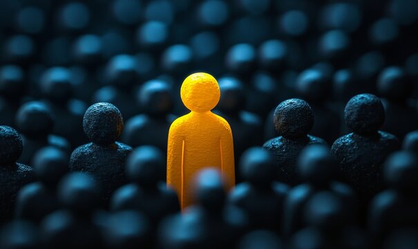 Conceptual image of a unique yellow person standing out in a sea of dark figures, representing brand differentiation and standing out from the