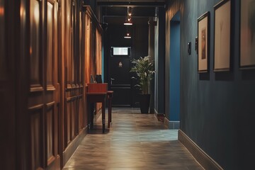 Cozy office corridor with reception table. AI generated illustration.