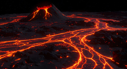 A lava-covered planet with molten rivers glowing bright red against dark rock formations