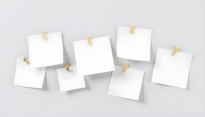 Seven blank notes pinned to a gray surface with clothespins
