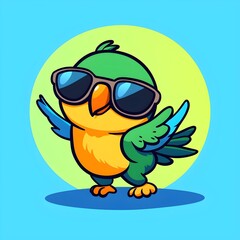Naklejka premium Groovy Parrot Wearing Sunglasses and Dancing in Simple Color Illustration with Bold Linework
