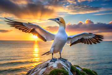 Fototapeta premium a Northern gannets stand on a rock against early evening sun set view in ocean beach 