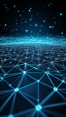 A futuristic abstract background featuring a grid of glowing triangles on a deep blue and black backdrop