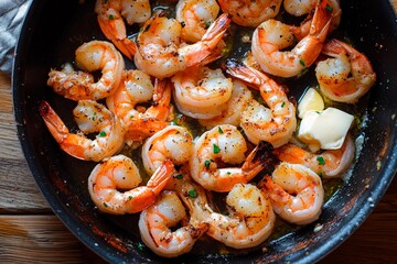 Juicy shrimp sizzle in a skillet with garlic and butter on a cozy kitchen counter