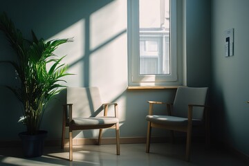 Cozy waiting room with two chairs, modern minimalist. AI generated illustration.