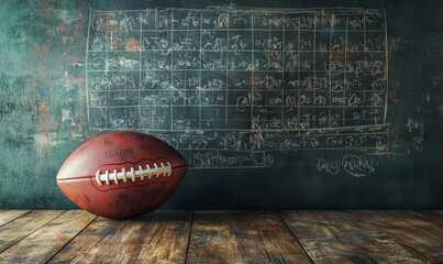 Rugby Ball on Chalkboard with Football Game Scheme, Players, and Field Strategy, Sports Tactics Planning Concept
