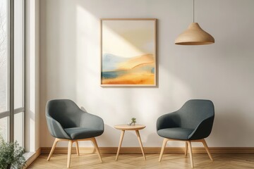 Cozy waiting room with two chairs, modern minimalist. AI generated illustration.