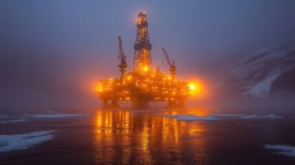 Obraz premium Illuminated offshore oil rig in frigid waters at dusk, surrounded by ice floes and shrouded in mist; dramatic, atmospheric scene.
