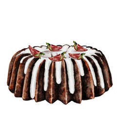 Chocolate cupcake watercolor. Hand drawn traditional holiday cake decorated with strawberries. Clip art of chocolate pastry on isolated white background. Ideal for cookbook and bakery menu