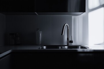 Creative dark kitchen interior, modern minimalist. AI generated illustration.