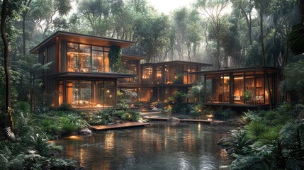 Modern jungle villas with glass walls, nestled amongst lush greenery and a tranquil pond. Ideal for showcasing luxury eco-tourism, sustainable architecture, or tranquil getaways.