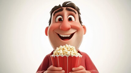 3D cartoon illustration of an enthusiastic senior man holding a bucket of popcorn on white background for themes related to movies, fun, and entertainment.
