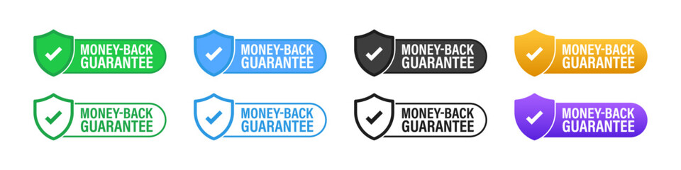 Money-Back Guarantee Label, Badge, Sticker, Stamp, Imprint, Seal Template with shield and tick mark on isolated white background suitable for product quality. Vector Illustration.