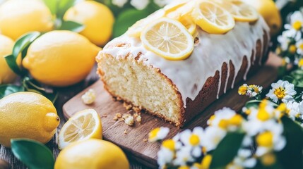 Freshly Baked Lemon Cake with Slices and Decorative Flowers