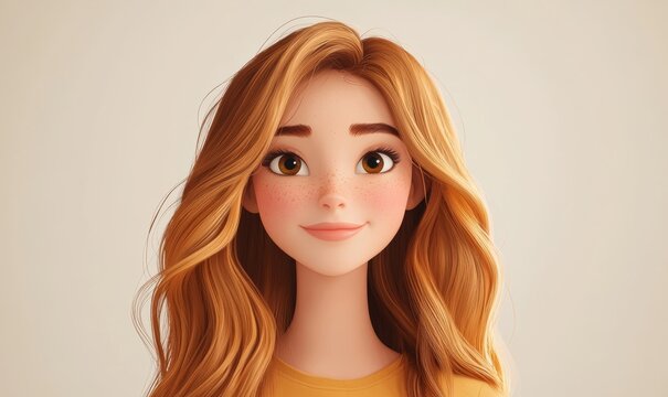 Young Adult Female Cartoon Character with Long Light Brown Hair Smiling on Light Background in 3D Style Human Expressions Concept