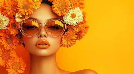 Fototapeta premium Striking Modern Pop Art Portrait of Stylish Woman in Golden Sunglasses with Floral Headpiece on Bright Orange Background