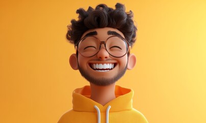 Cheerful 3D Cartoon Portrait of Young Indian Man with Glasses Smiling and Laughing in Bright Room, Human Feelings and Expressions Concept