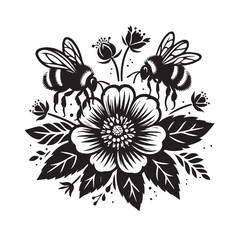 Bumblebee Flower Clipart SVG black and white silhouette vector design