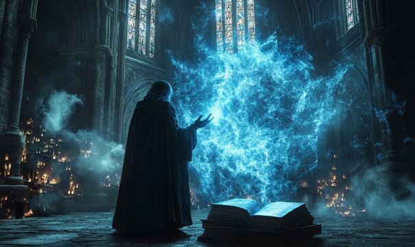 Mystical ancient wizard conjuring blue magical energy from an arcane tome in a dark, gothic cathedral setting, embodying fantasy and sorcery